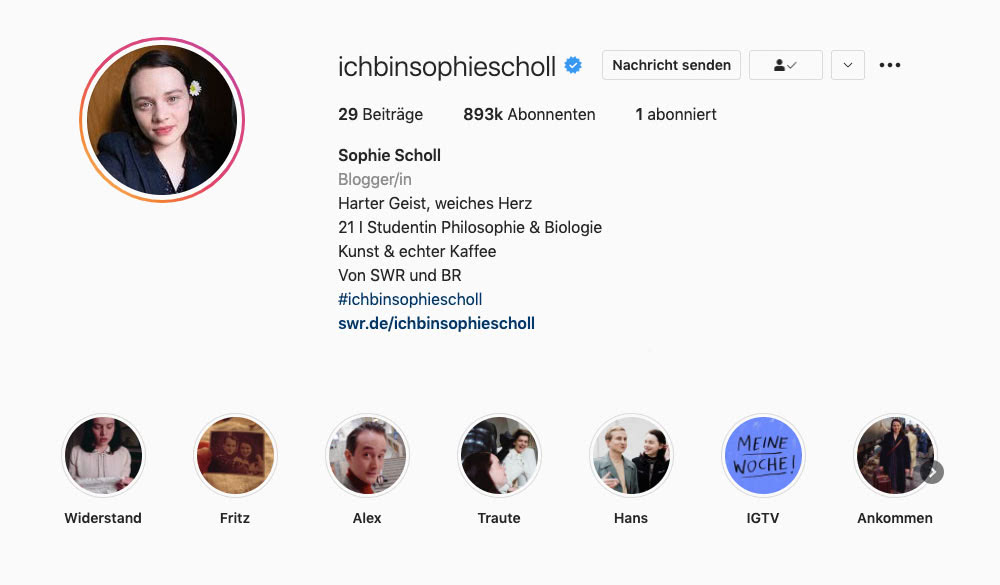 Instagram-Account von @ichbinsophiescholl im Rahmen der Analyse von 4001Reviews.