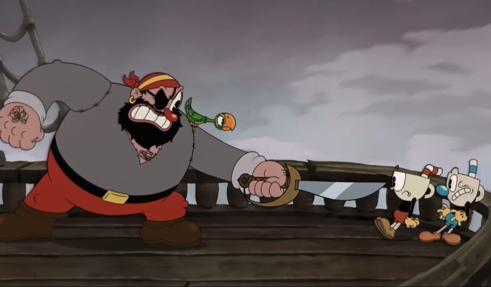 Cuphead (Tru Valentino) und Mugman (Frank Todaro) auf einem Piratenschiff