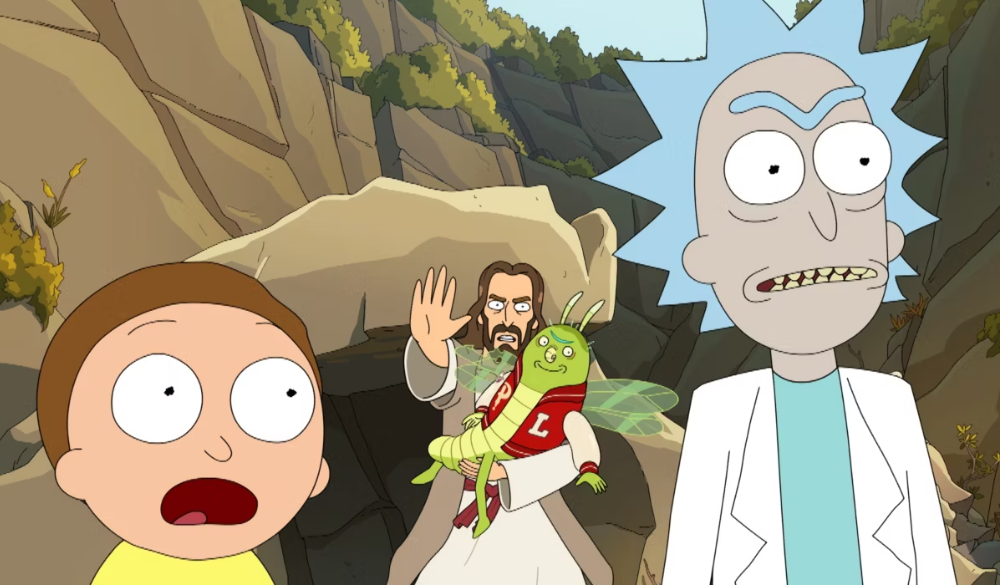 Rick und Morty (Justin Roiland) Mit Jesus und Rolf Zuvorbei im Hintergrund