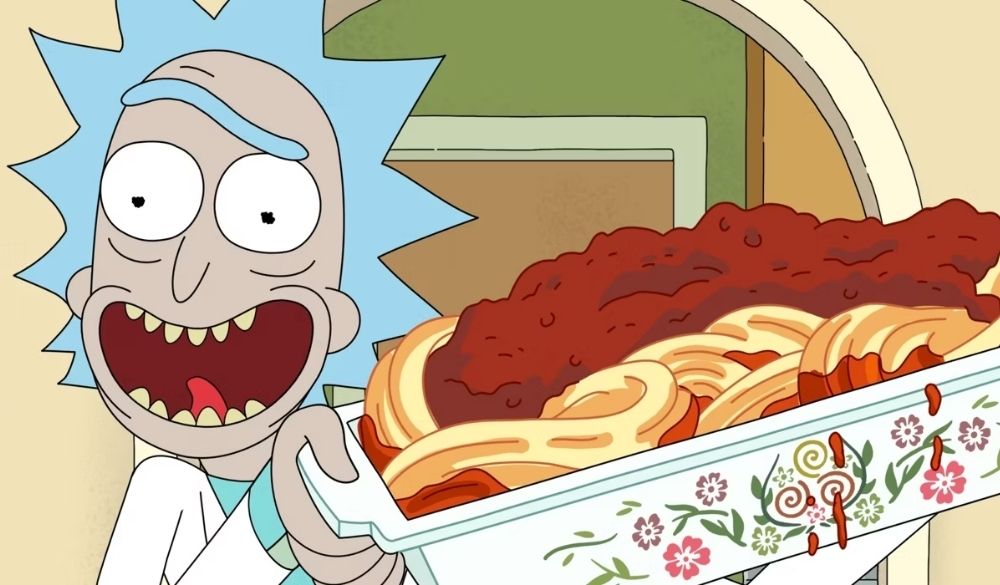 Rick (Ian Cardoni) mit einem Behälter voll Spagetti